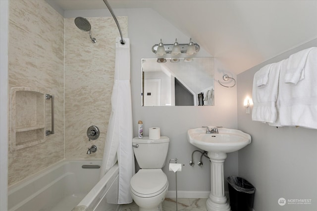 bathroom featuring tile flooring, shower / tub combo, lofted ceiling, and toilet