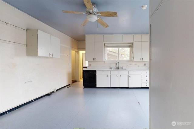 kitchen featuring dishwasher, sink, white cabinets, and ceiling fan