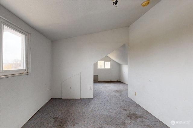 additional living space featuring vaulted ceiling and light colored carpet