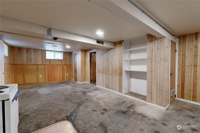 basement featuring wooden walls and carpet flooring