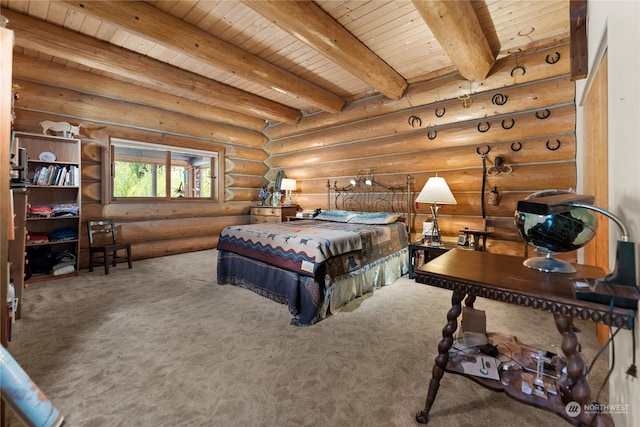 bedroom featuring carpet flooring, beamed ceiling, rustic walls, and wood ceiling