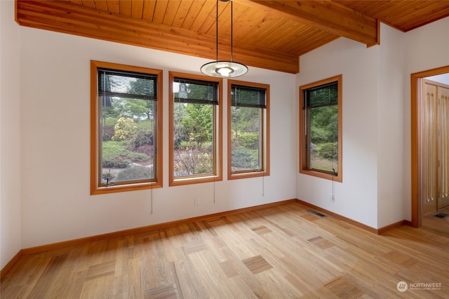 spare room with a wealth of natural light, beamed ceiling, light hardwood / wood-style flooring, and wood ceiling