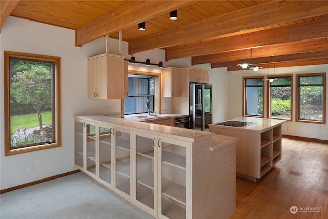 kitchen with sink, plenty of natural light, stainless steel refrigerator with ice dispenser, and hardwood / wood-style flooring