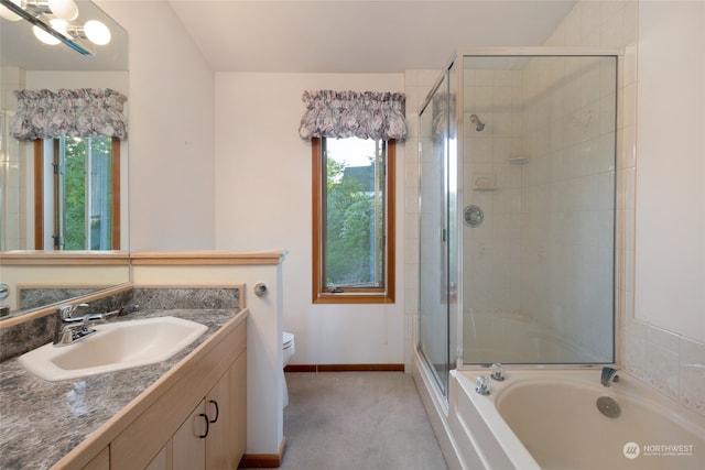 full bathroom with independent shower and bath, toilet, and vanity