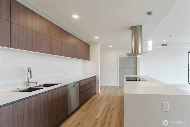 kitchen with black electric stovetop, island range hood, a sink, stainless steel dishwasher, and modern cabinets