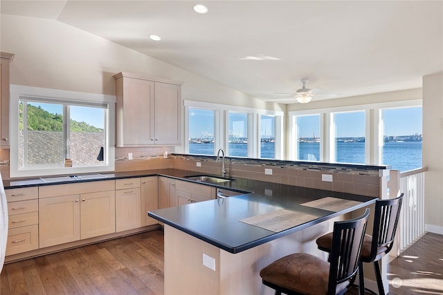 kitchen featuring a water view, light hardwood / wood-style floors, ceiling fan, tasteful backsplash, and sink