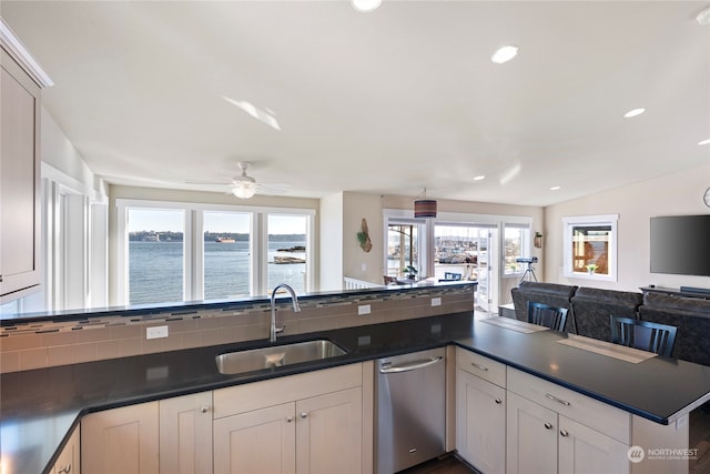 kitchen with sink, ceiling fan, a wealth of natural light, and stainless steel dishwasher