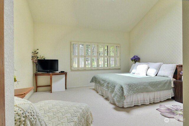 bedroom with carpet and lofted ceiling