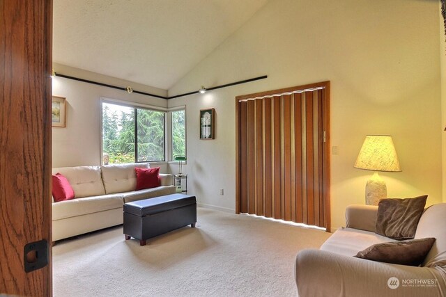 living room featuring lofted ceiling and carpet flooring