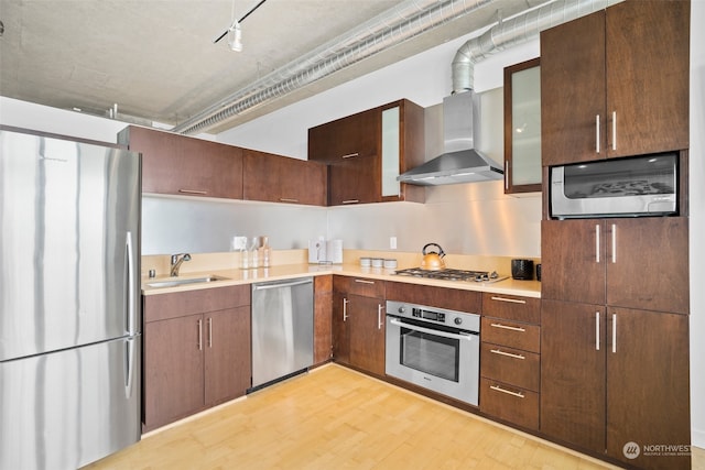 kitchen featuring sink, light hardwood / wood-style flooring, stainless steel appliances, and wall chimney exhaust hood