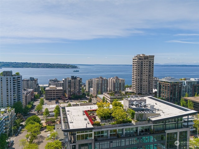 drone / aerial view featuring a water view and a city view