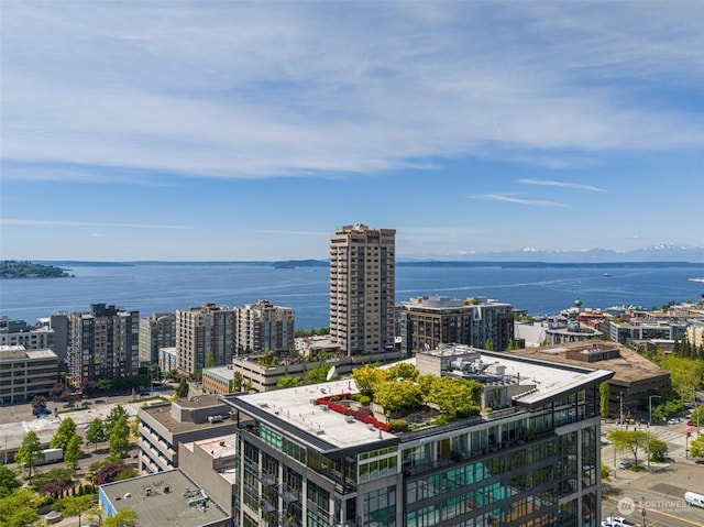 drone / aerial view with a water view and a city view