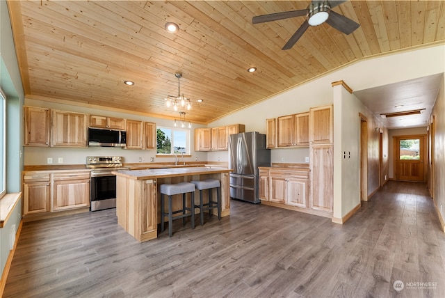 kitchen featuring wooden ceiling, hardwood / wood-style flooring, a kitchen island, and stainless steel appliances