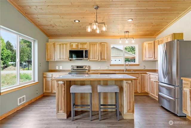 kitchen with a center island, stainless steel appliances, plenty of natural light, and hardwood / wood-style flooring