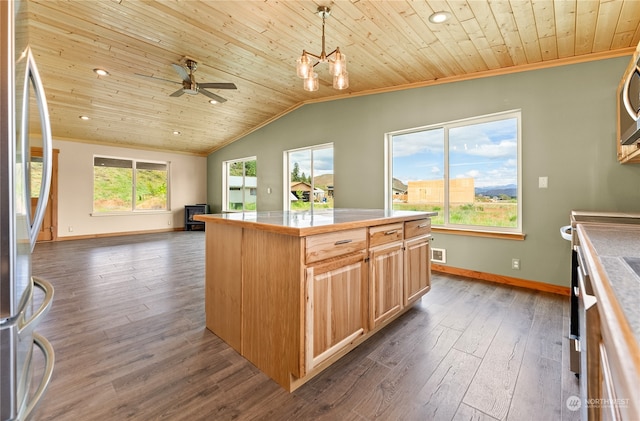 kitchen with a wealth of natural light, wood ceiling, and dark wood-type flooring