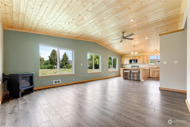 unfurnished living room with ceiling fan, a wood stove, wood ceiling, and dark hardwood / wood-style floors