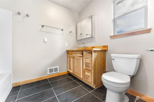 full bathroom with shower / tub combination, tile flooring, large vanity, and toilet