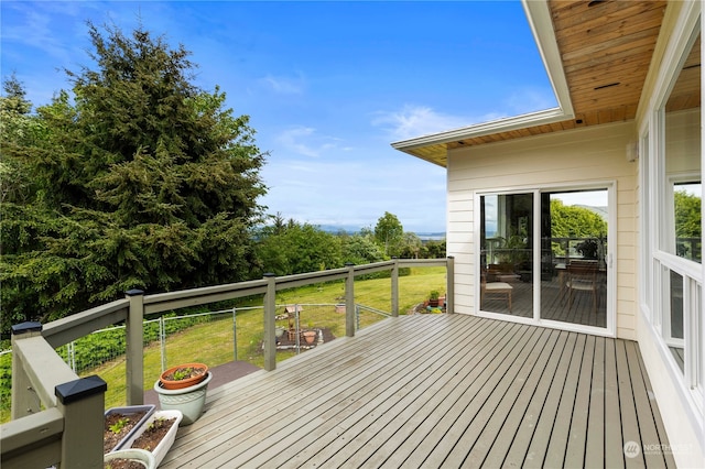 wooden terrace featuring a yard