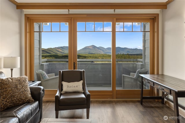 living area with hardwood / wood-style floors, a mountain view, and ornamental molding