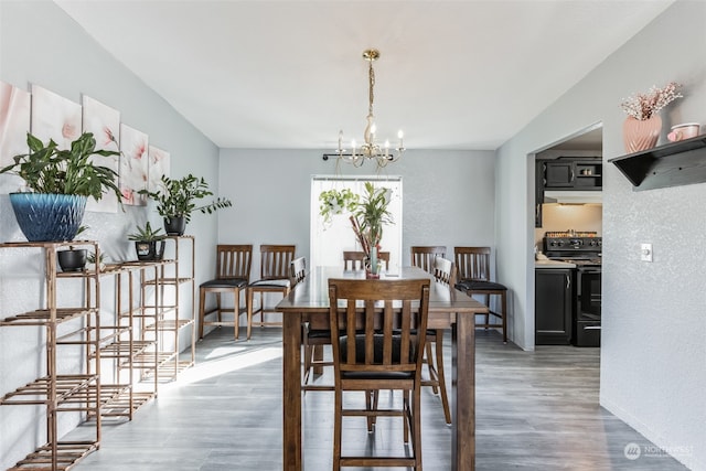 dining space with an inviting chandelier and hardwood / wood-style floors