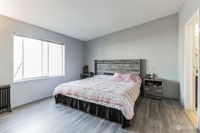 bedroom with radiator, multiple windows, and hardwood / wood-style floors