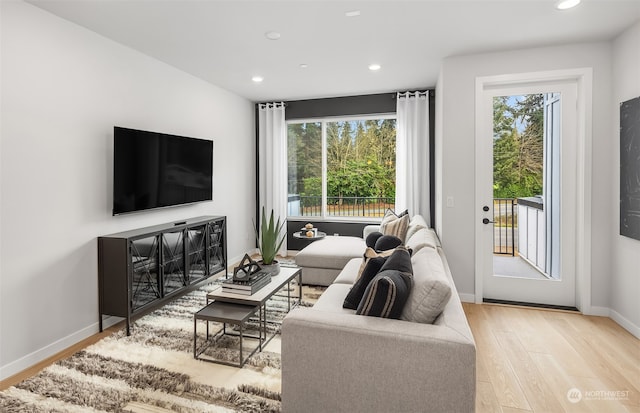 living room featuring a healthy amount of sunlight and light hardwood / wood-style flooring