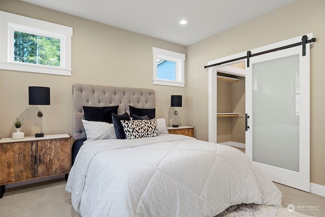 carpeted bedroom featuring a barn door, a spacious closet, and a closet