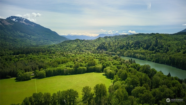 bird's eye view with a water and mountain view