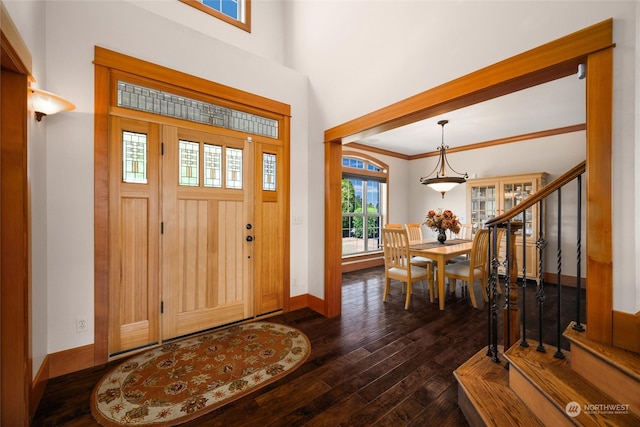 entryway featuring a towering ceiling, dark hardwood / wood-style floors, and crown molding