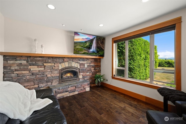 living room with a stone fireplace and dark wood-type flooring