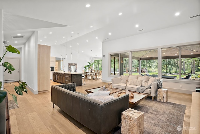 living room featuring sink and light hardwood / wood-style flooring