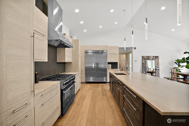 kitchen with light hardwood / wood-style flooring, backsplash, high end appliances, wall chimney exhaust hood, and sink