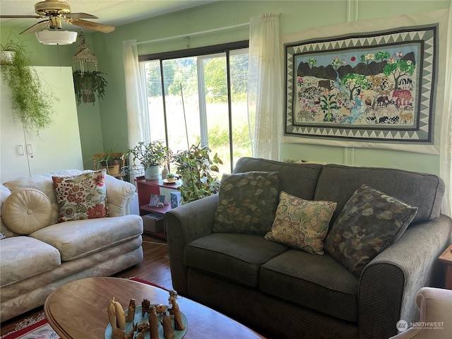 living room with ceiling fan and wood-type flooring