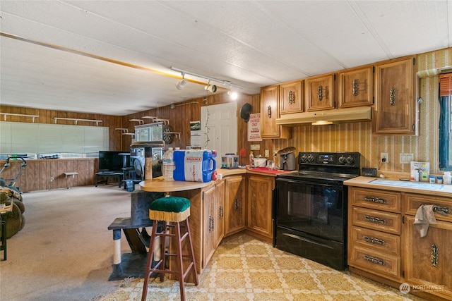 kitchen featuring black electric range oven, wooden walls, and rail lighting