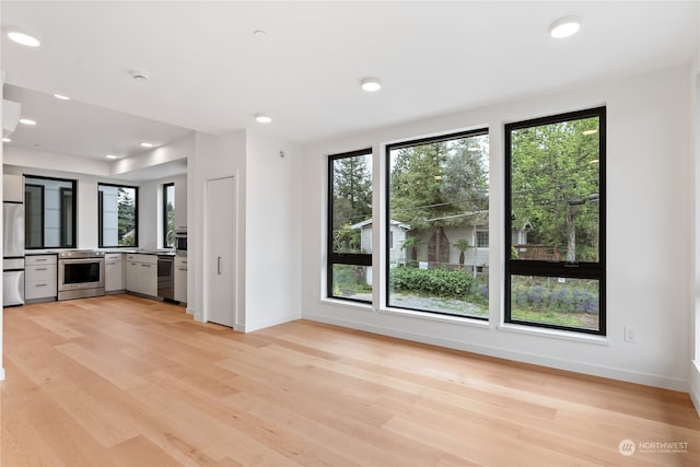 kitchen featuring plenty of natural light, stainless steel appliances, and light wood-type flooring