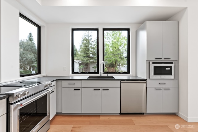 kitchen featuring stainless steel appliances, sink, and light wood-type flooring