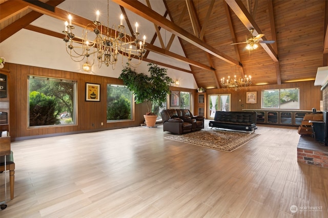 unfurnished living room featuring high vaulted ceiling, beam ceiling, wooden walls, and light hardwood / wood-style floors