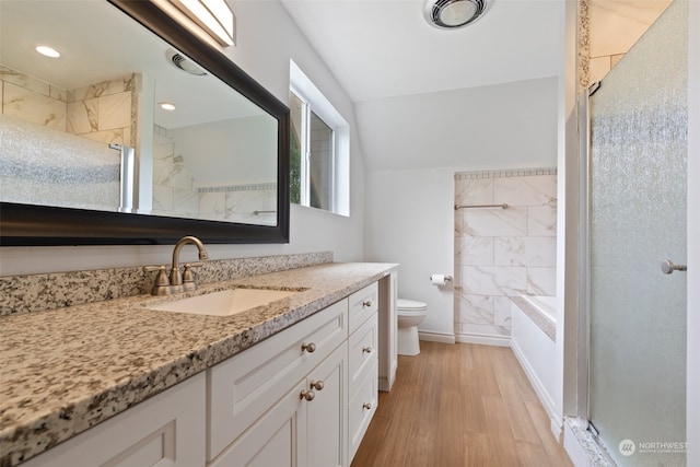 bathroom featuring hardwood / wood-style flooring, toilet, vanity, and lofted ceiling