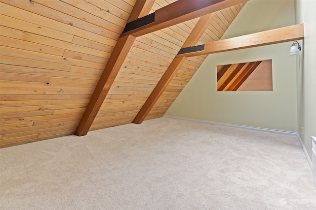 details featuring beam ceiling, carpet flooring, and wood ceiling