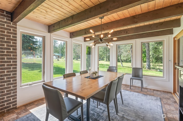 sunroom featuring a notable chandelier, beam ceiling, a wealth of natural light, and wood ceiling