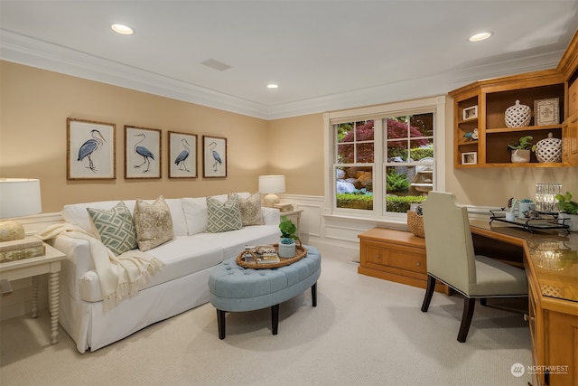 carpeted living room with ornamental molding