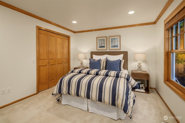 carpeted bedroom featuring multiple windows, a closet, and crown molding