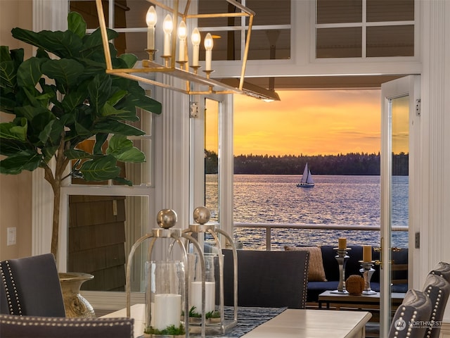 dining area with a water view