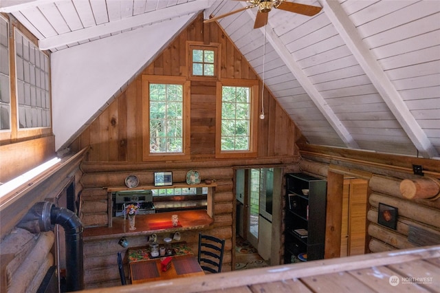 interior space featuring ceiling fan, lofted ceiling, and wooden ceiling