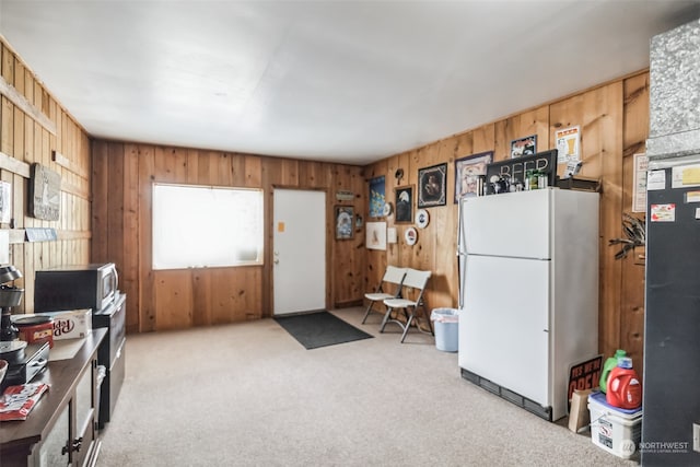 miscellaneous room featuring wooden walls and light colored carpet