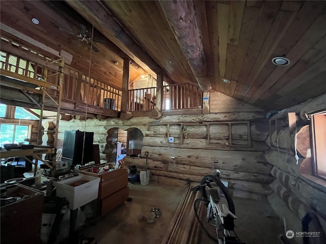 interior space with wooden ceiling and ceiling fan