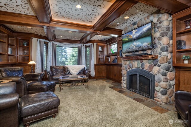 tiled living room with beam ceiling, a fireplace, and coffered ceiling