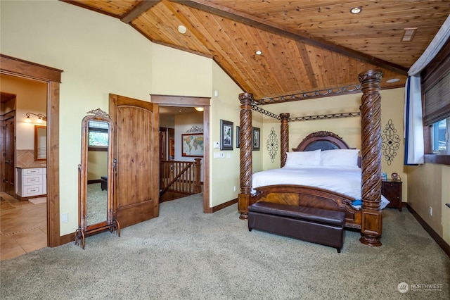 bedroom featuring high vaulted ceiling, carpet floors, wooden ceiling, and beam ceiling