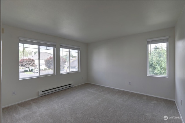 unfurnished room featuring baseboard heating and carpet