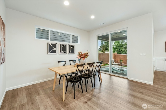 dining area with recessed lighting, visible vents, baseboards, and light wood-style floors